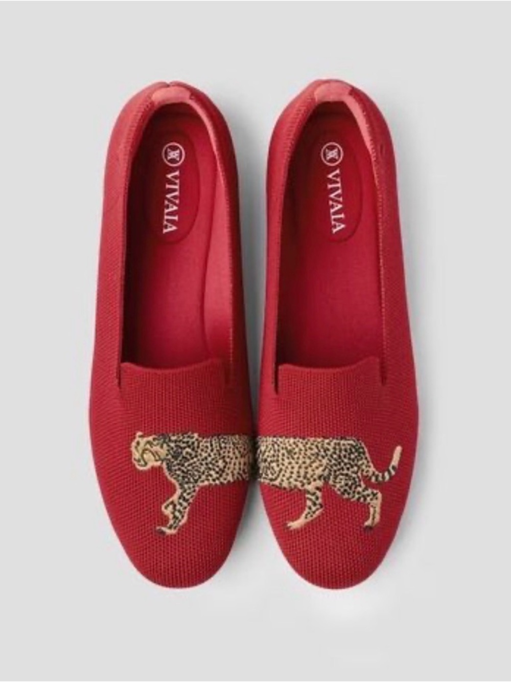 Vivaia Red Knit Slip-On Flats with Leopard Embroidery